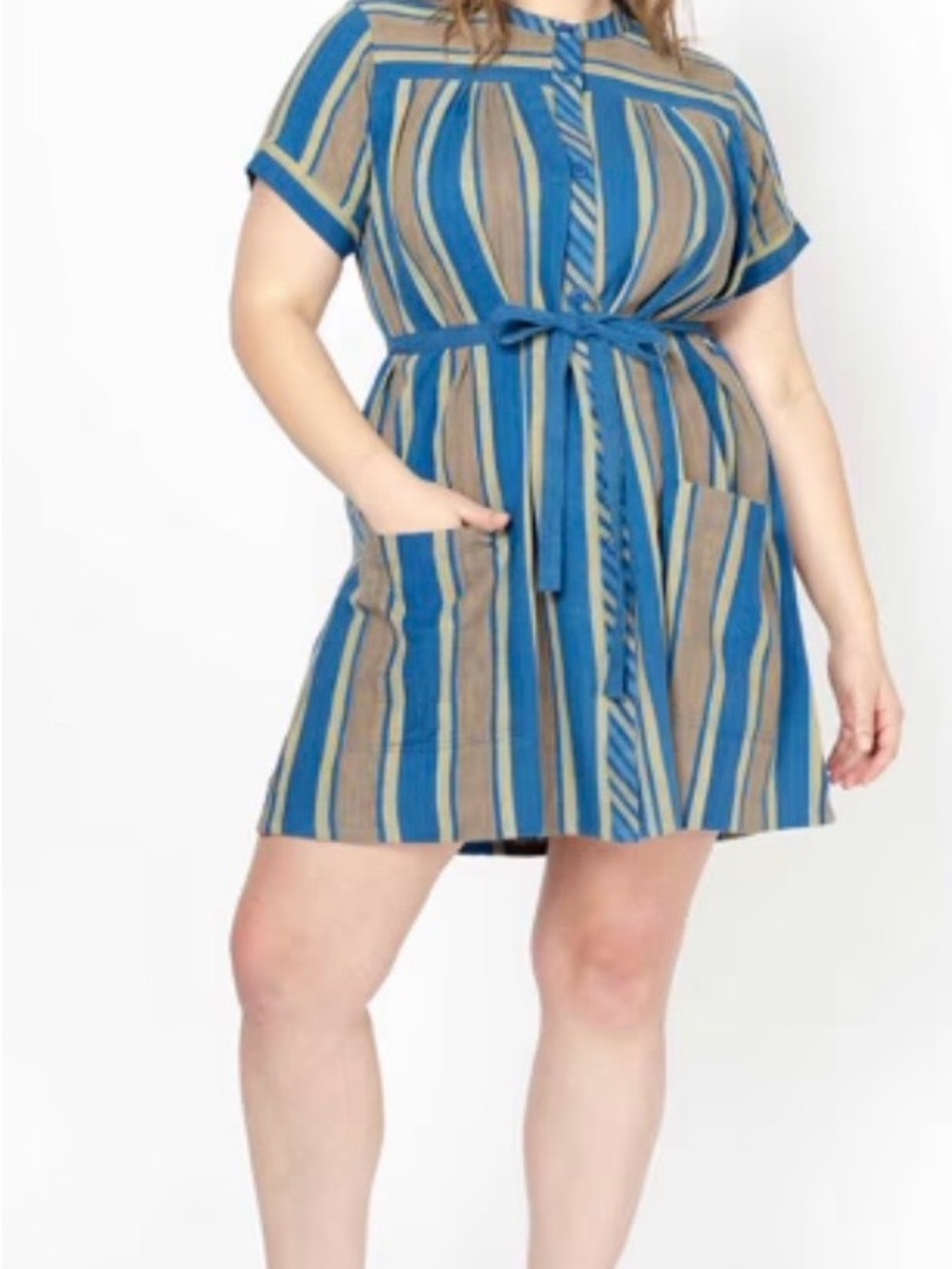 Ace & Jig Blue and Tan Striped Tie-Waist Mini Dress